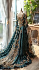 A richly detailed teal gown with intricate gold embroidery is displayed on a mannequin near a window, with soft natural light illuminating the scene.