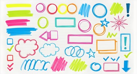 Colorful assortment of hand-drawn shapes and symbols on a white background with a playful and creative mood.