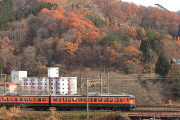 廃墟群が立ち並ぶ妙高高原駅に到着するしなの鉄道115系電車の臨時列車_2025/11/23撮影