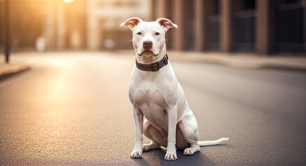 Majestic White Pitbull Sitting on City Street.