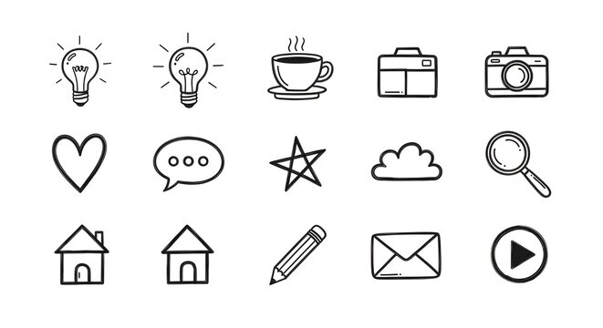 A collection of 16 simple line icons on a white background, featuring various symbols and objects in black lines, arranged in two rows. - Powered by Adobe