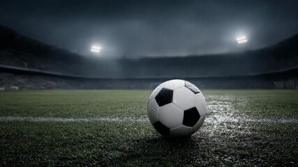 Soccer ball on wet stadium grass under dramatic rain and stadium lights intense atmosphere athletic - Powered by Adobe