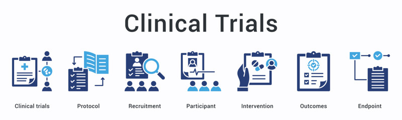 Clinical trials banner web icon demonstrates protocol-driven recruitment and intervention tracking outcomes to endpoint goals.