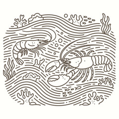 Lobster and Shrimp Swimming Underwater Monoline Vector Illustration