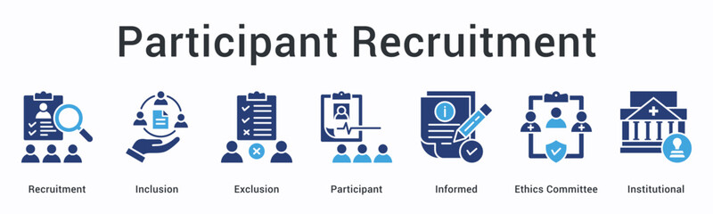 Participant recruitment banner web icon manages inclusion and exclusion criteria with informed consent and ethics oversight.