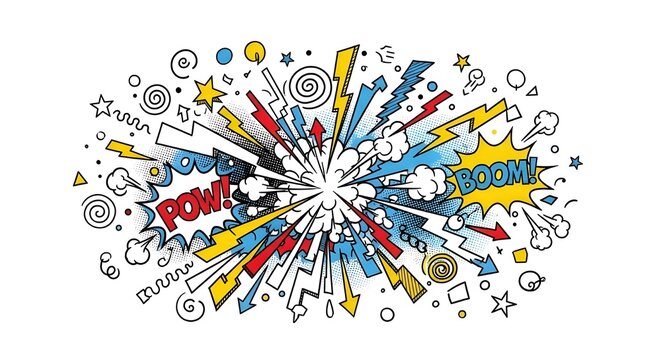 Vibrant comic book explosion graphic with dynamic lines, stars, and words on a white background with a playful and energetic mood. - Powered by Adobe