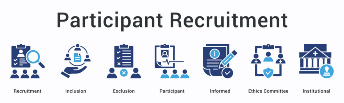 Participant recruitment banner web icon manages inclusion and exclusion criteria with informed consent and ethics oversight.