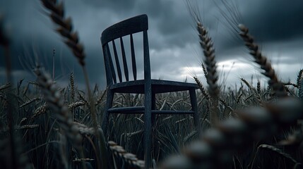 An empty, dark wooden chair stands in a field of wheat stalks under a dramatic, cloudy, stormy sky. The lighting is moody and atmospheric.
