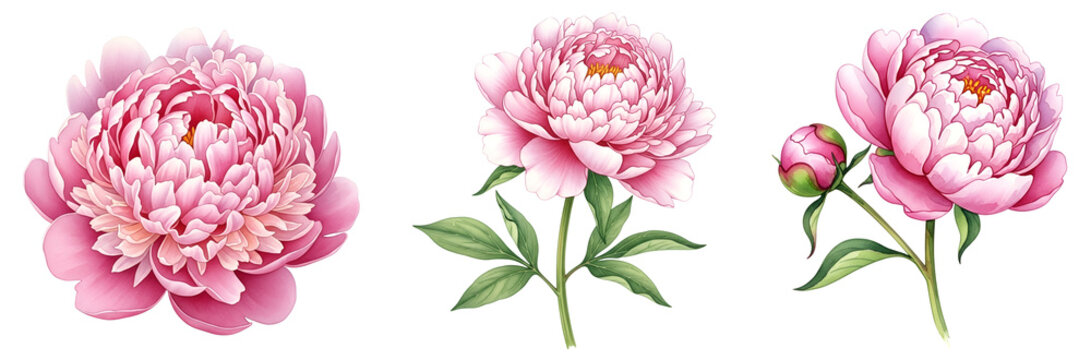 Three pink peony flowers with green leaves isolated on a transparent type of background design art on transparent background
