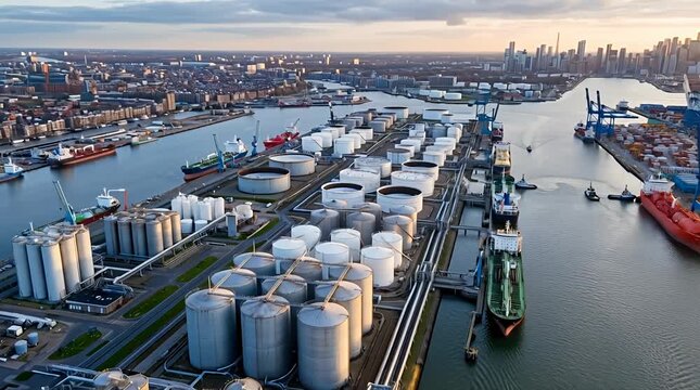 Aerial view of busy shipping port with storage tanks and large vessels