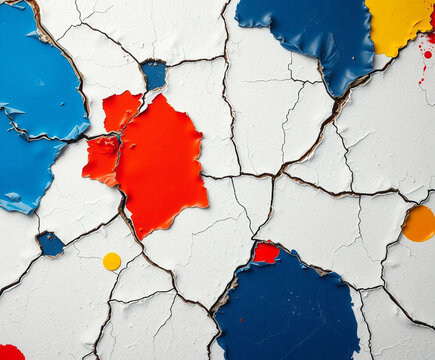Cracked Surface With Splashes Of Blue Red And Yellow Paint