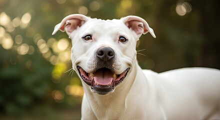 Happy White Pitbull Dog Portrait Outdoors.