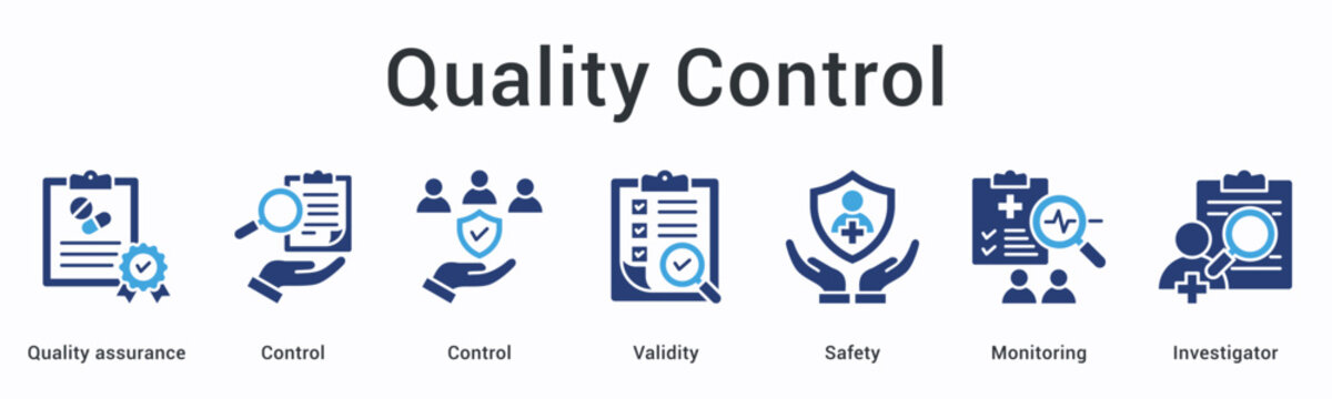 Quality control banner web icon maintains validity and safety through monitoring with investigator oversight and standards.