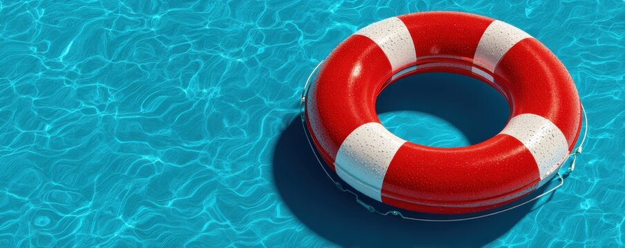 Red life preserver floating on a calm swimming pool with clear water