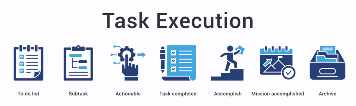 Task execution banner web icon manages lists with subtasks through actionable steps to accomplished missions and archiving.