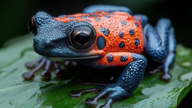 Colorful frog perched on a green leaf in a tropical rainforest setting during daylight