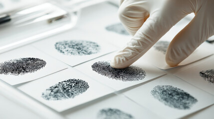 Fingerprint analysis and digital security concept. A gloved finger touches a fingerprint on a card, symbolizing data protection and security in a digital world.