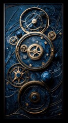 Naklejka premium A close-up, detailed view of interlocking golden clockwork gears and mechanisms against a dark blue, marbled textured background. The lighting is dramatic and h