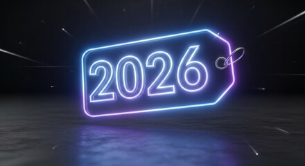 Illuminated tag with number 2026, neon light, dark background. Symbolizes future, anticipation, new year, celebration, or planning for business or event