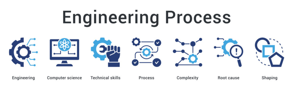 Engineering process banner web icon applies technical skills to complex processes identifying root causes for shaping solutions.