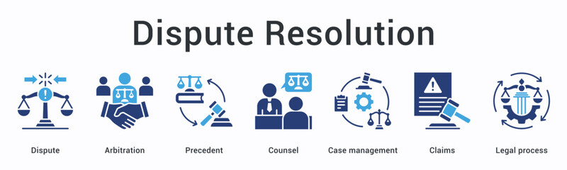 Dispute resolution banner web icon uses arbitration and precedent with counsel for case management of claims processes.