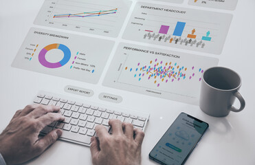 Business professional analyzing diversity breakdown and performance charts on a virtual dashboard