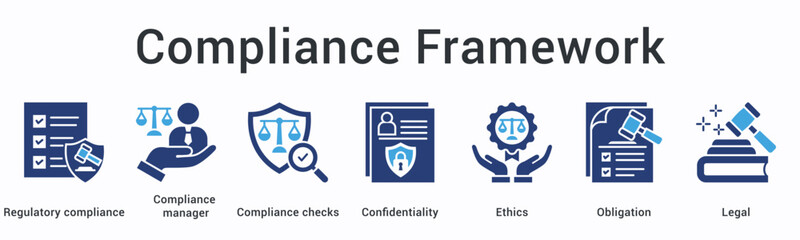 Compliance framework banner web icon establishes regulatory oversight through manager checks ensuring confidentiality ethics and obligations.