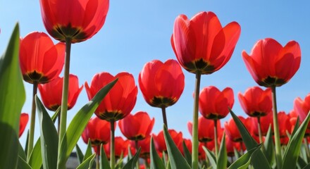 Fototapeta premium Bright red tulips against a clear blue sky. Many vibrant red tulips, with green foliage, rise towards a vibrant, clear blue sky. Close-up view