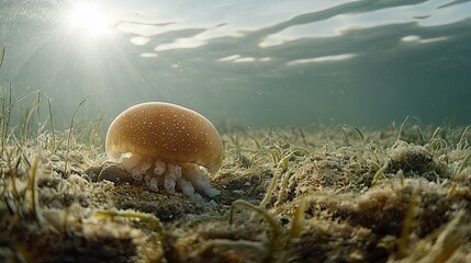 A single jellyfish with white spots rests on a sandy seabed covered in seagrass. Sunlight streams down from the surface, illuminating the underwater scene.