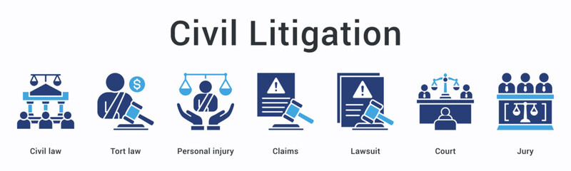 Civil litigation banner web icon addresses tort and personal injury claims through lawsuit proceedings with court jury trials.