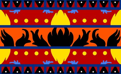 Vibrant geometric tribal pattern with bold colors, abstract flames, and symmetrical decorative motifs