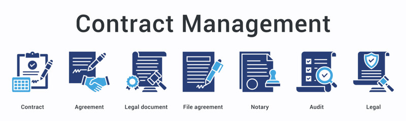 Contract management banner web icon handles agreements and legal documents with notary and audit for legal compliance.