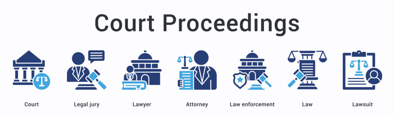 Court proceedings banner web icon depicts trial process with legal jury, lawyers, and attorneys under law enforcement framework.