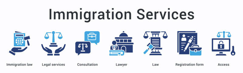 Immigration services banner web icon provides legal consultation with lawyers for registration form access under immigration law.