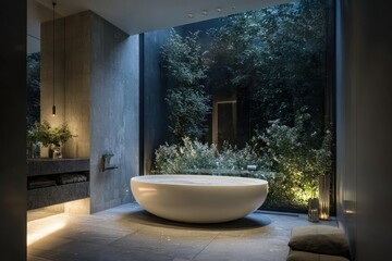 Fototapeta premium Luxurious modern bathroom with a freestanding bathtub overlooking a lush tropical garden oasis at night