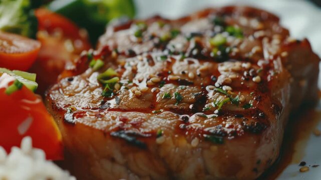 A delicious grilled steak topped with garlic and herbs