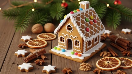 A gingerbread house decorated with icing and candies on a wooden surface with christmas decor