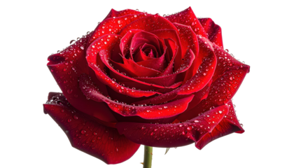 Dramatic Close-Up of Red Rose with Water Droplets on Transparent Background for Valentine's Day and Romantic Occasions Symbol of Love