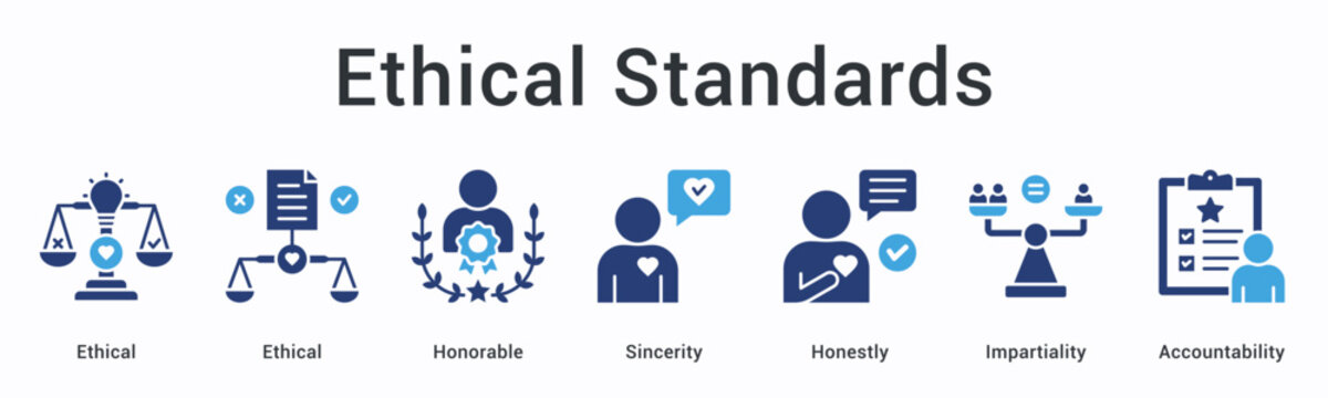 Ethical standards banner web icon establishes honorable conduct with sincerity and impartiality ensuring accountability frameworks.