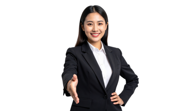 Smiling Asian Businesswoman Offering Handshake On Transparent Background In Studio For Partnership And Professional Opportunities - Powered by Adobe