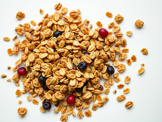 Granola with Berries and Cherries on White Background