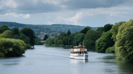 Fototapeta premium Tranquil river scene featuring a charming paddle steamer. Scenic waterway flanked by lush green trees under a cloudy sky. Ideal for travel, leisure, and nostalgia themes.
