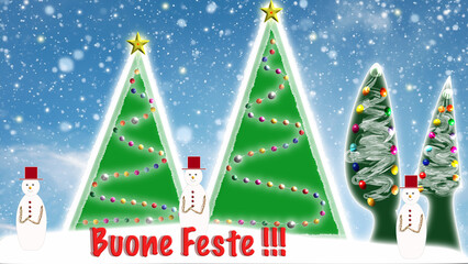 Sfondo 4K con alberi di natale, pupazzi di neve e con una scritta buone feste 
