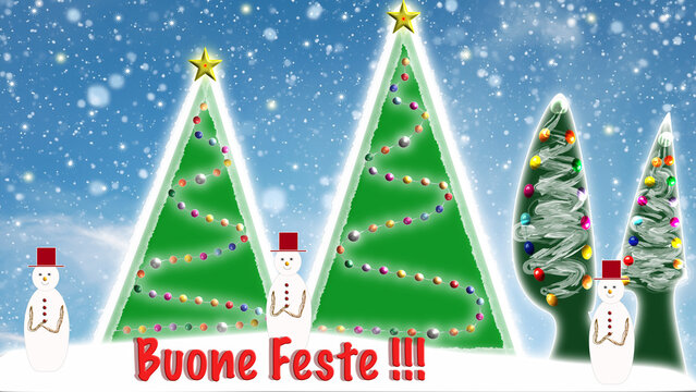 Sfondo 4K con alberi di natale, pupazzi di neve e con una scritta buone feste 