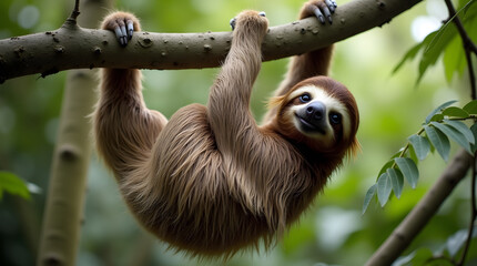Naklejka premium Funny sloth hanging on tree branch, cute face look, perfect portrait of wild animal in the Rainforest of Costa Rica scratching the belly, Bradypus variegatus, brown-throated three-toed sloth, relaxed 