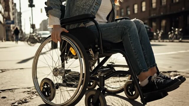 Individual navigating urban sidewalk in wheelchair on a sunny day