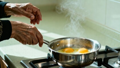 Senior woman boiling eggs breakfast in soft kitchen light, thoughtful mood, photorealistic close-up
