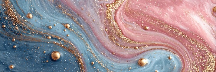 Horizontal abstract fluid art background blending soft pastel pink and blue marble with sweeping gold glitter and glossy golden spheres, creating a luxurious and dynamic texture.