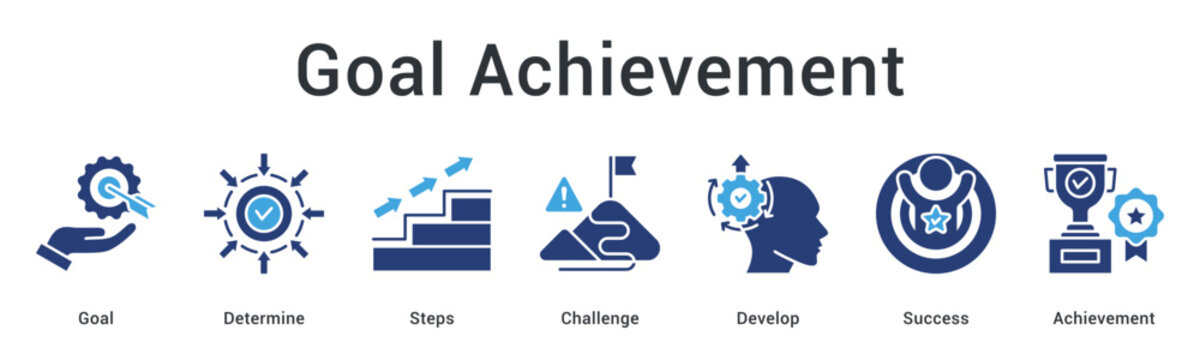 Goal achievement banner web icon demonstrating determination through steps and challenges toward successful outcomes.