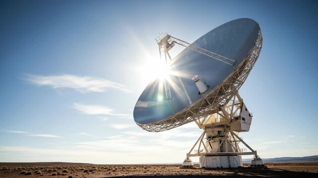 Sunlit satellite dish rotates in desert capturing signals with dynamic sky